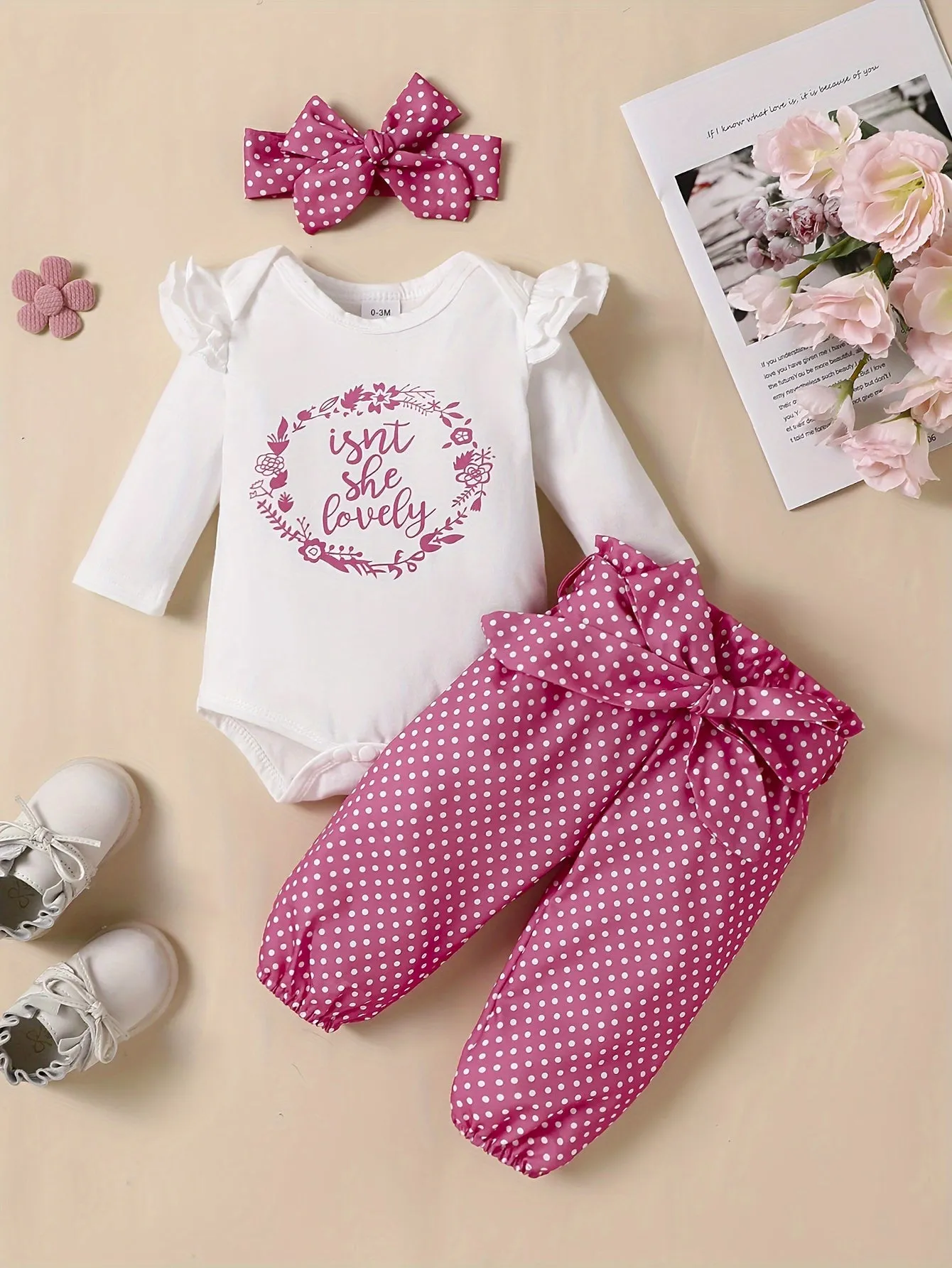 Adorable 4pc Baby Girl Outfit Set Romper Pants Headband