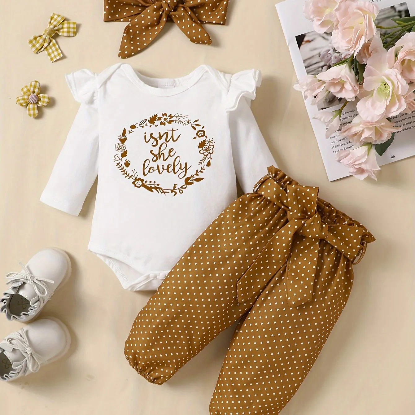 Adorable 4pc Baby Girl Outfit Set Romper Pants Headband