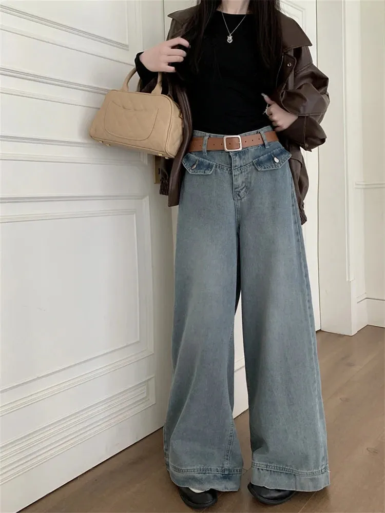 Advbridge  -  Women's High Waist Vintage Blue Wide Leg Jeans Casual Pants American Street Minimalist Style Female Loose Straight Trousers