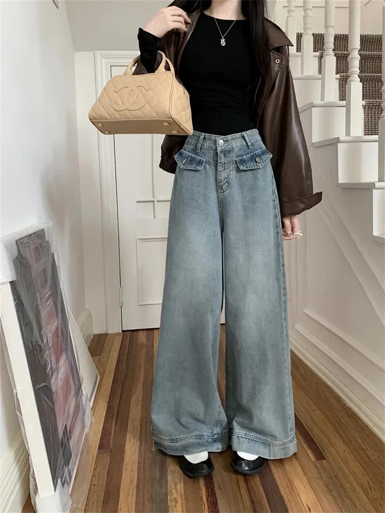 Advbridge  -  Women's High Waist Vintage Blue Wide Leg Jeans Casual Pants American Street Minimalist Style Female Loose Straight Trousers