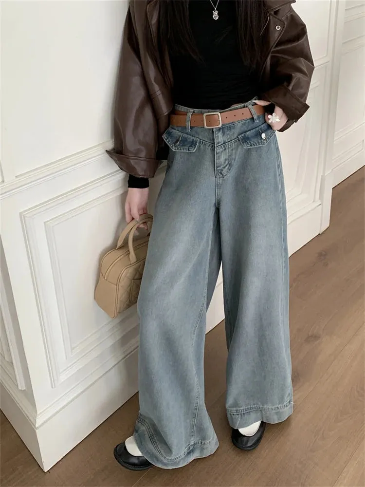 Advbridge  -  Women's High Waist Vintage Blue Wide Leg Jeans Casual Pants American Street Minimalist Style Female Loose Straight Trousers