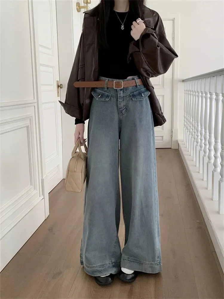 Advbridge  -  Women's High Waist Vintage Blue Wide Leg Jeans Casual Pants American Street Minimalist Style Female Loose Straight Trousers