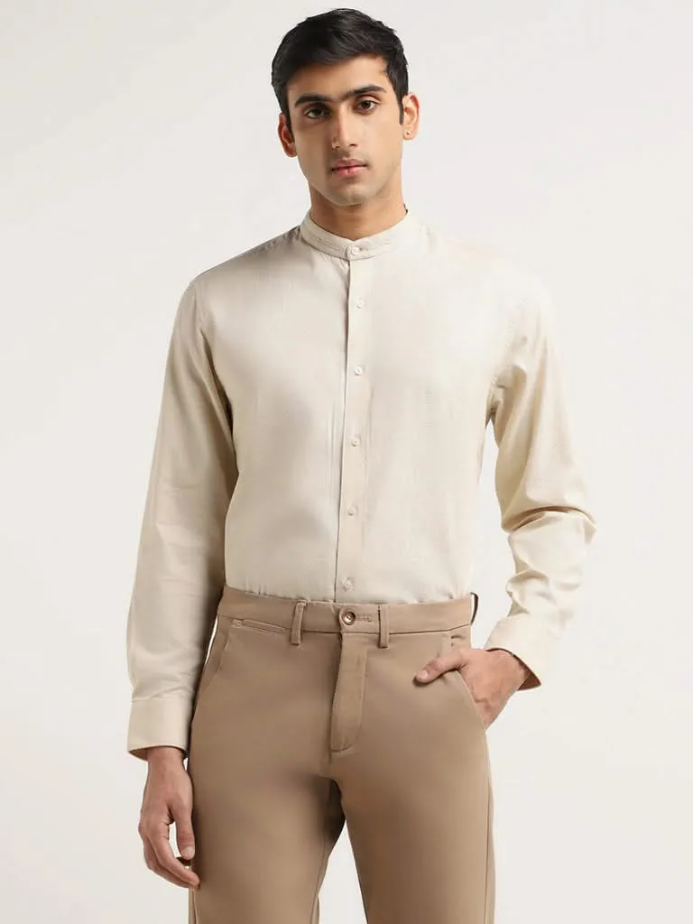 Ascot Beige Solid Cotton Relaxed Fit Shirt