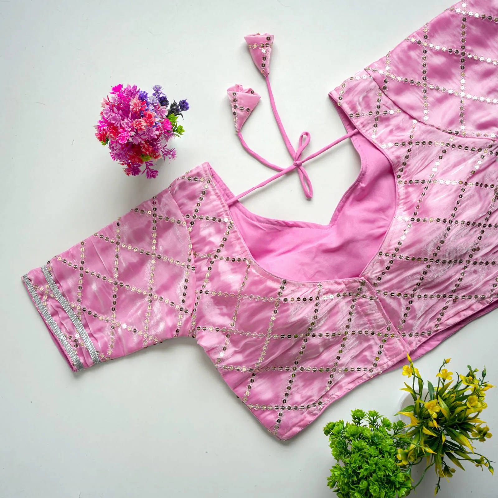 Baby Pink Metalic Jimmy Choo Blouse with Exquisite Sequence Embroidery