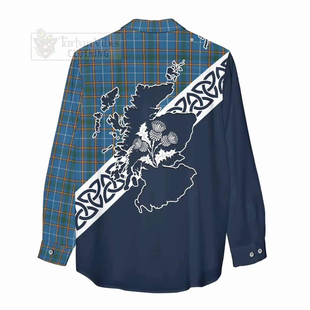 Bain Tartan Women's Casual Shirt Featuring Thistle and Scotland Map