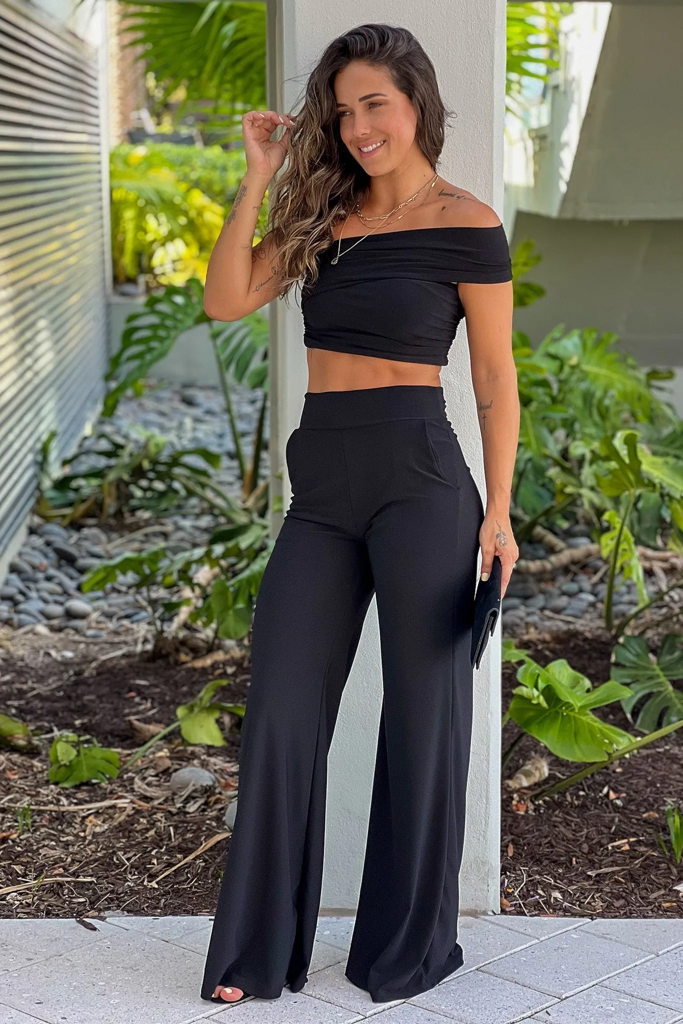 Black One Shoulder Top And Pants Set