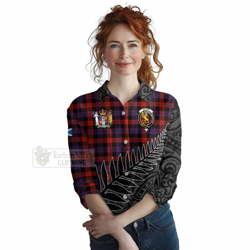 Brown (Broun) Crest Tartan Women's Casual Shirt with New Zealand Silver Fern Half Style