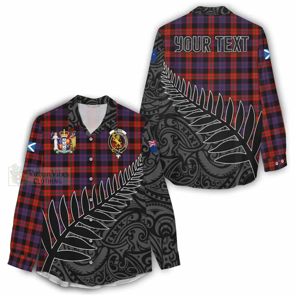 Brown (Broun) Crest Tartan Women's Casual Shirt with New Zealand Silver Fern Half Style