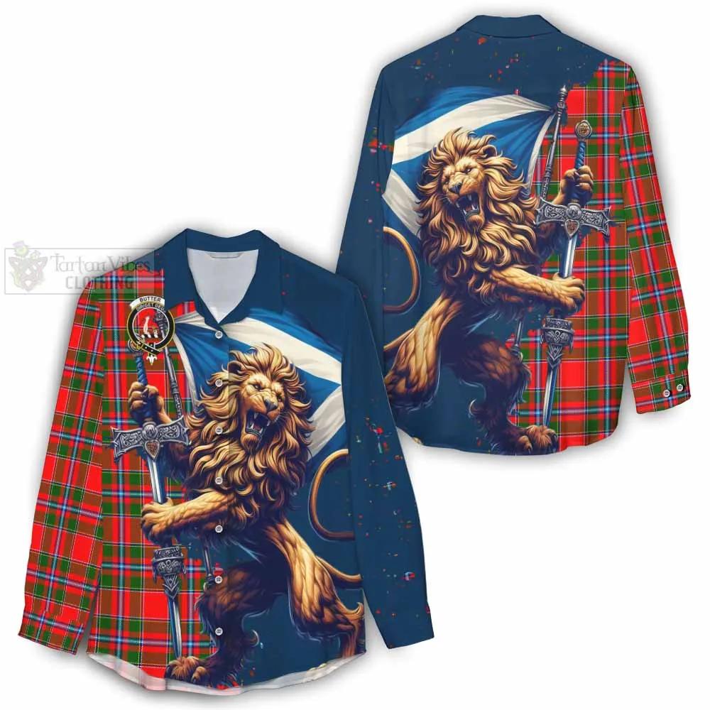 Butter Tartan Family Crest Women's Casual Shirt with Scottish Majestic Lion