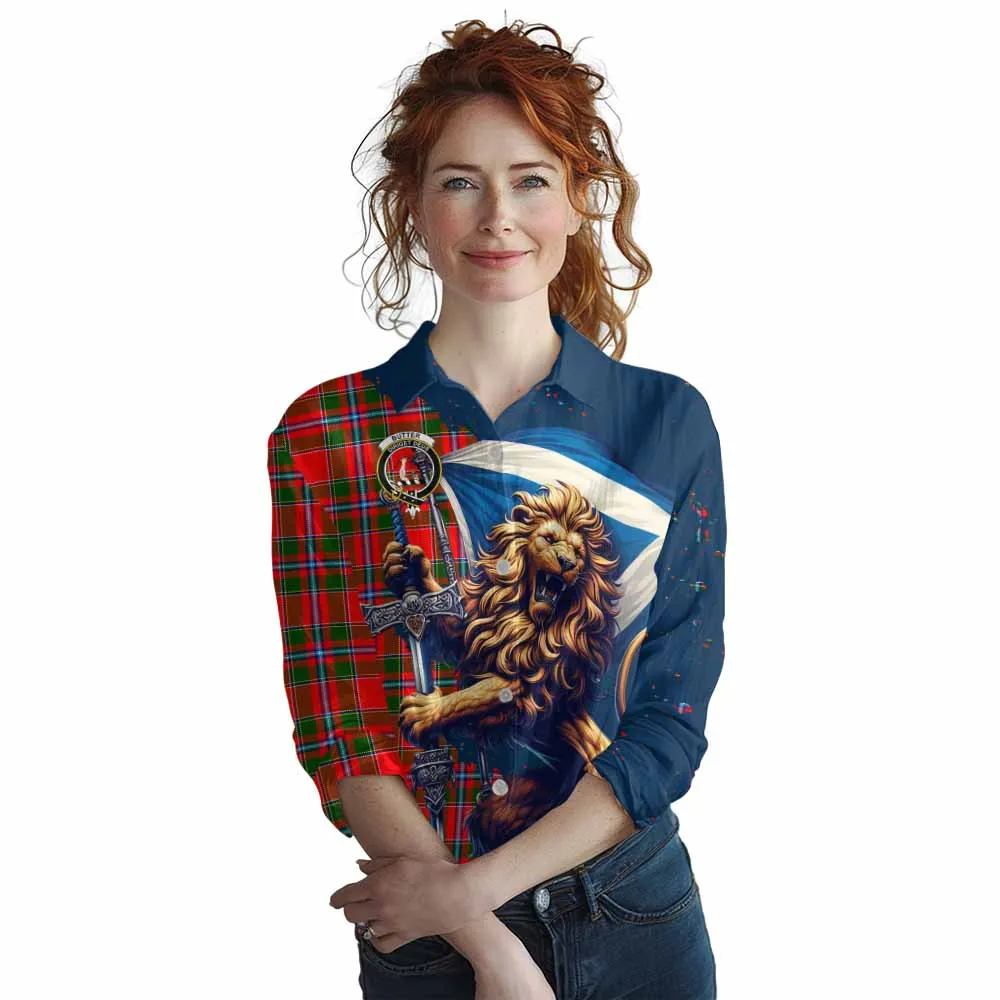 Butter Tartan Family Crest Women's Casual Shirt with Scottish Majestic Lion