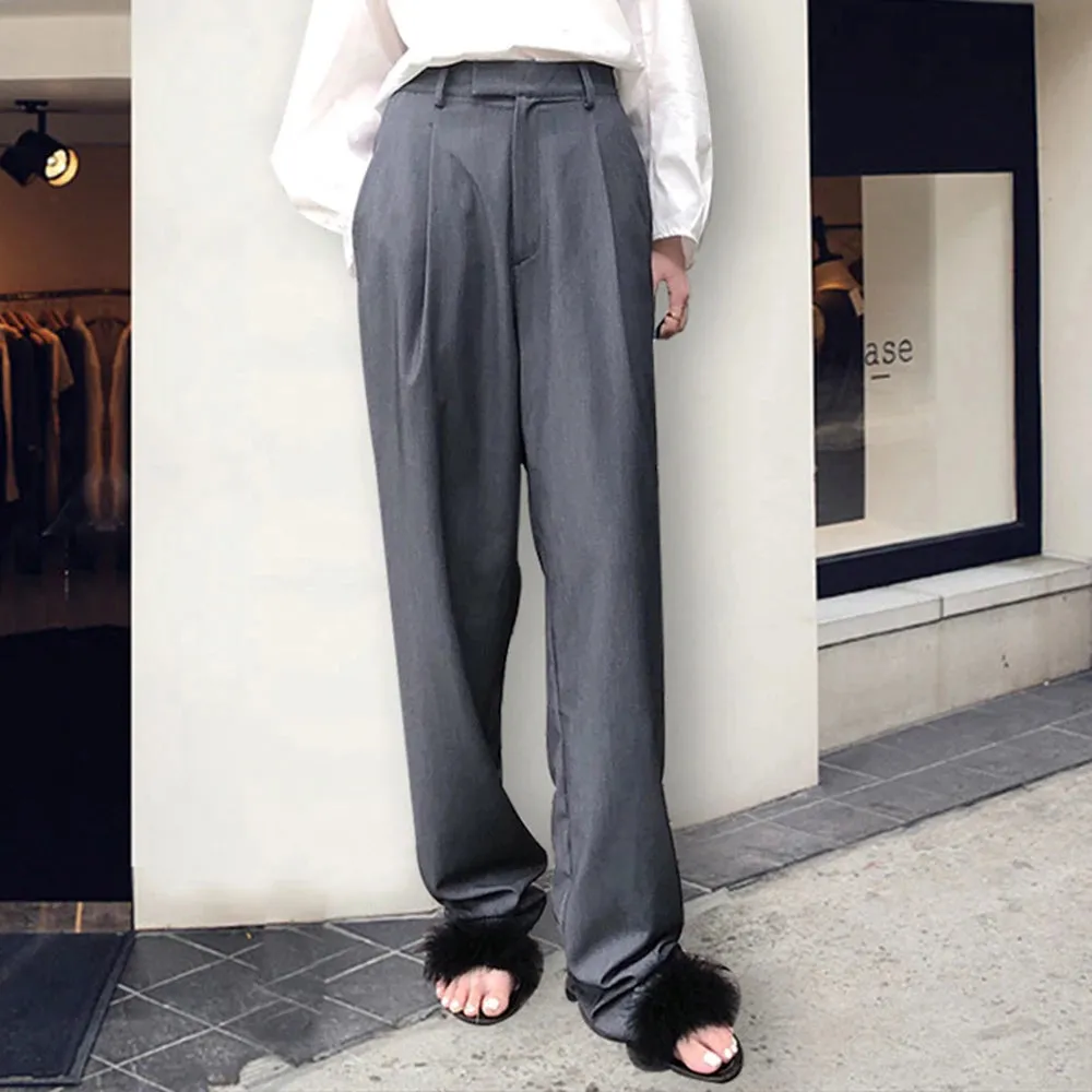 Casual Solid Straight Trousers For Women High Waist Patchwork Pockets Loose Minimalist Wide Leg Pants Female Clothing