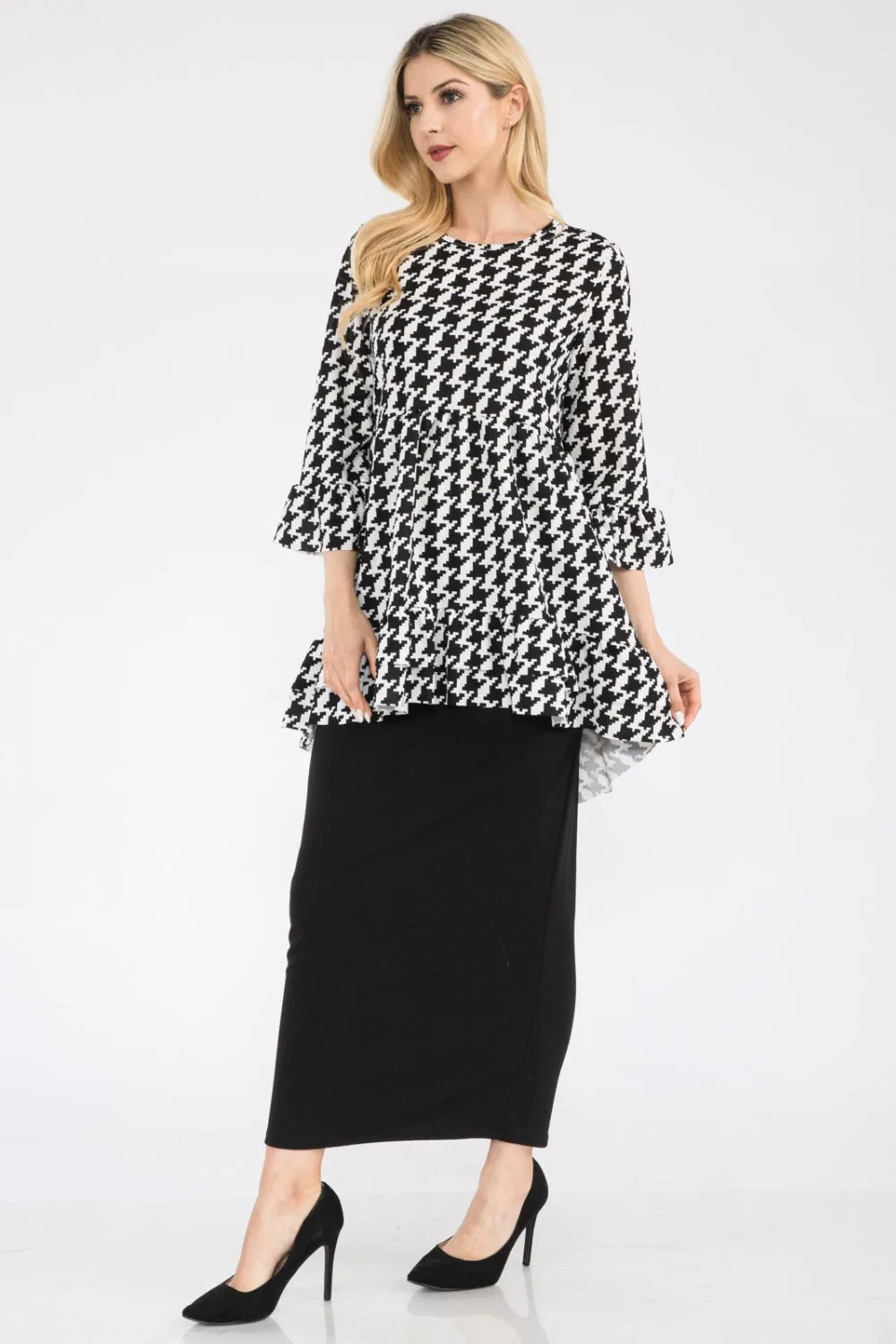 Celeste Full Size Houndstooth Flounce Sleeve High-Low Top