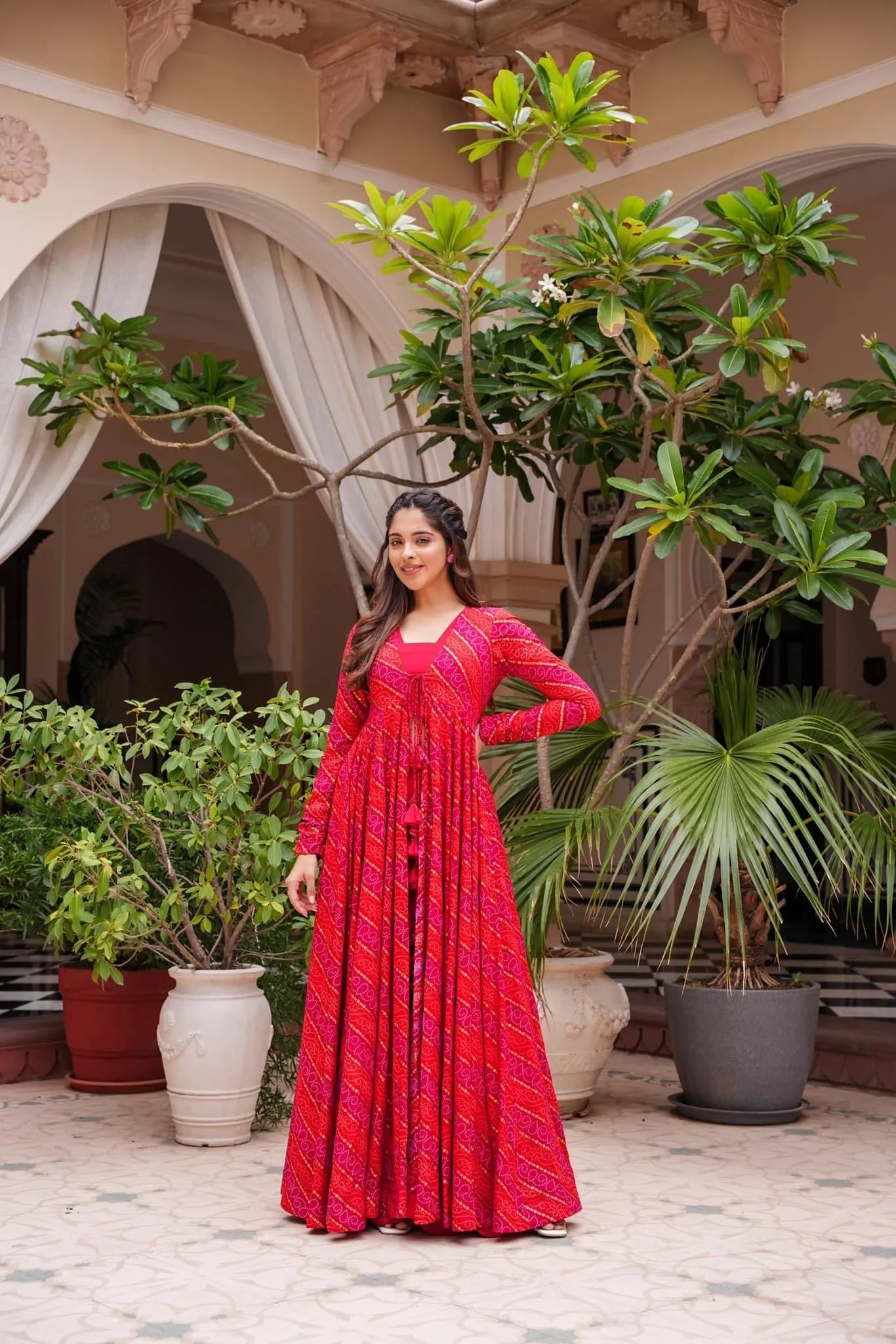 Cherry Pink Dream: 3-Piece Designer Suit with Crop Top, Palazzo Pants & Shrug