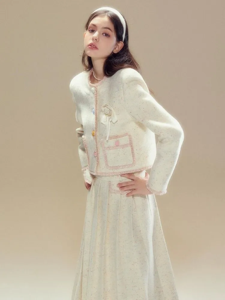 Contrast Button Wool Jacket and Pleated Long Skirt【s0000003634】