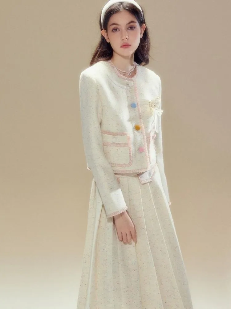 Contrast Button Wool Jacket and Pleated Long Skirt【s0000003634】