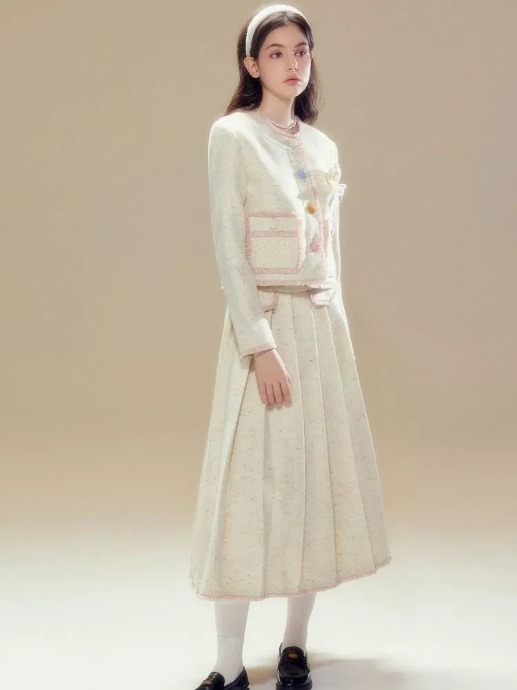 Contrast Button Wool Jacket and Pleated Long Skirt【s0000003634】