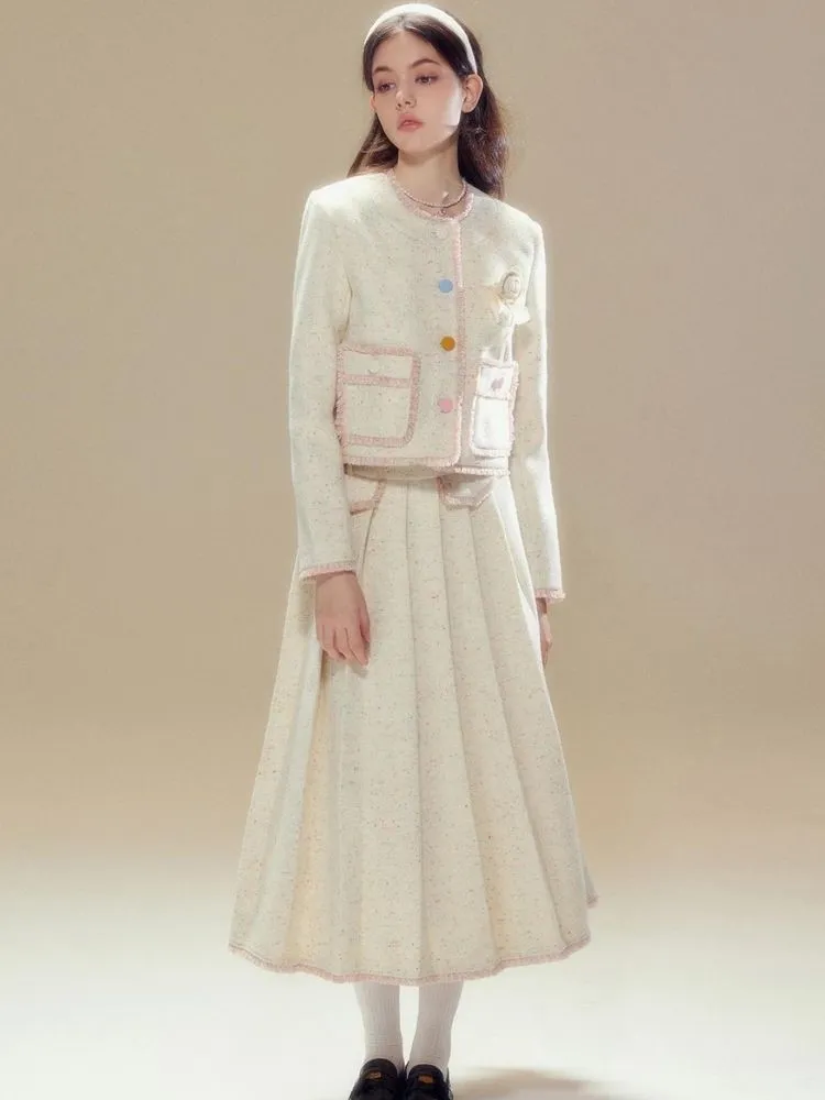 Contrast Button Wool Jacket and Pleated Long Skirt【s0000003634】