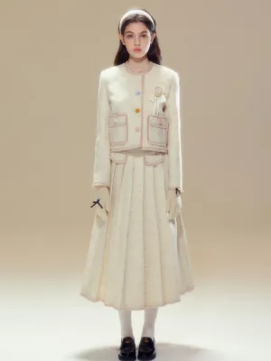 Contrast Button Wool Jacket and Pleated Long Skirt【s0000003634】