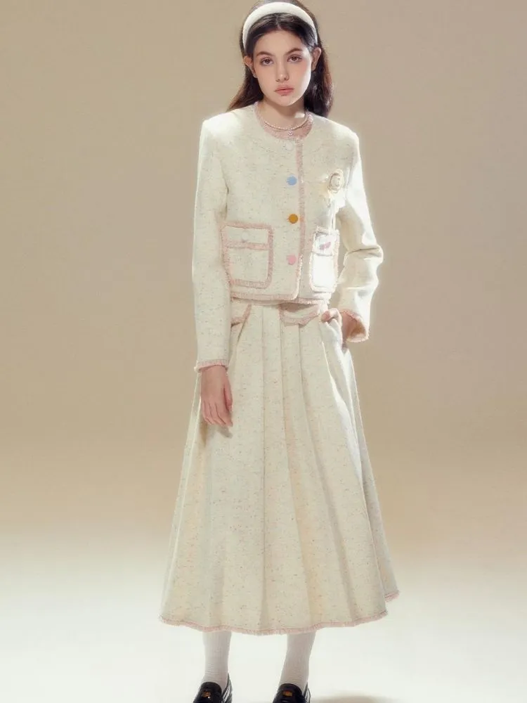 Contrast Button Wool Jacket and Pleated Long Skirt【s0000003634】