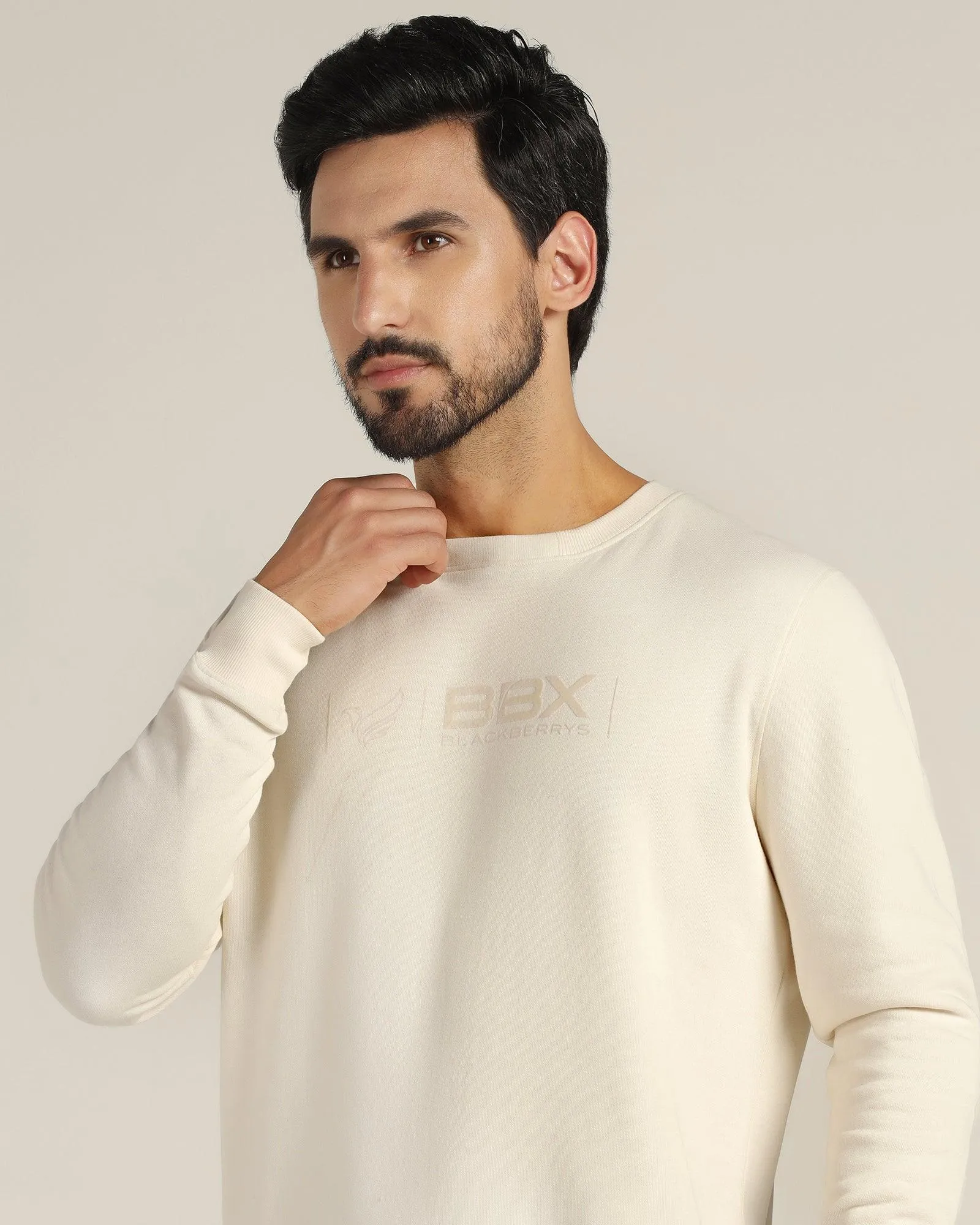 Crew Neck Off White Solid Sweatshirt - Jame