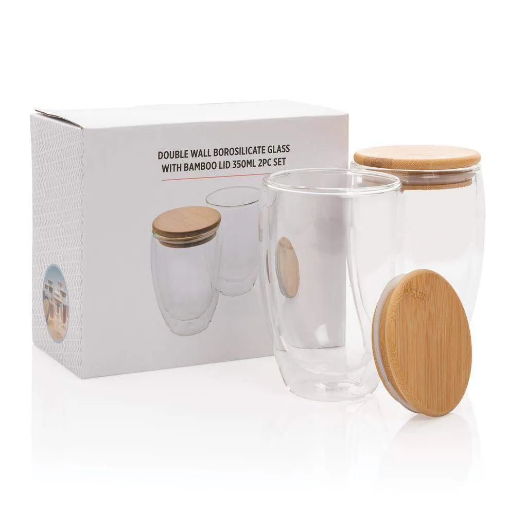 Double wall borosilicate glasses with bamboo lid 350ml 2pc Set