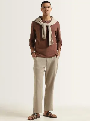 ETA Beige Self-Patterned Cotton Relaxed Fit Chinos