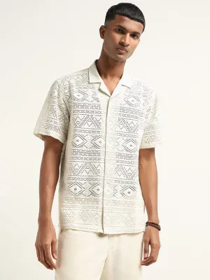 ETA Solid White Crochet Cotton Blend Relaxed Fit Shirt