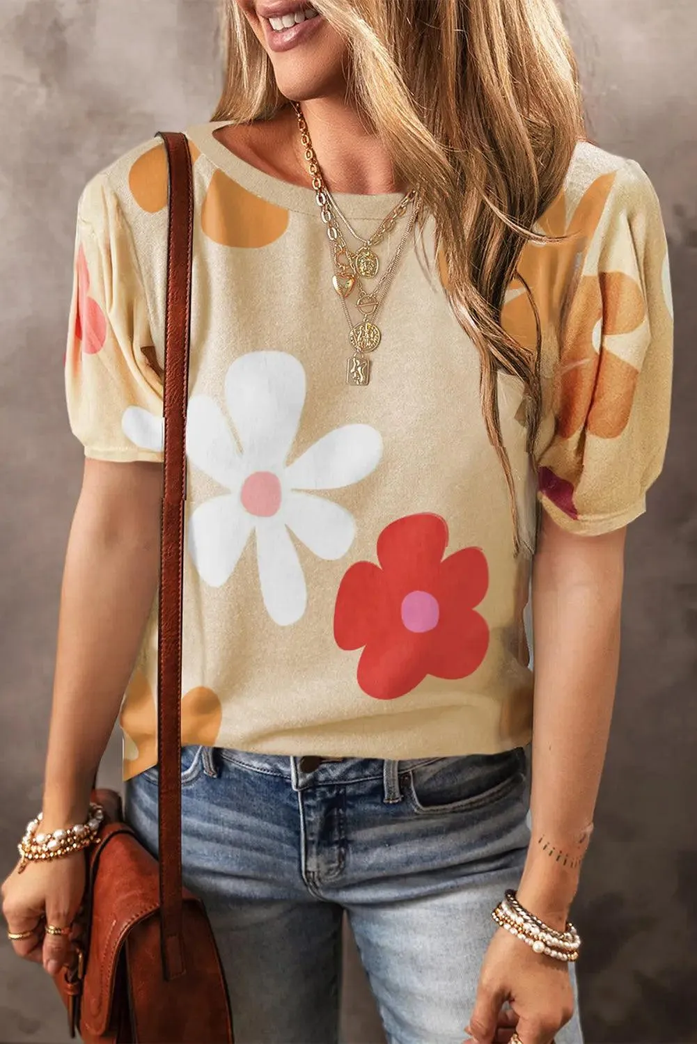 Flower Round Neck Short Sleeve Blouse