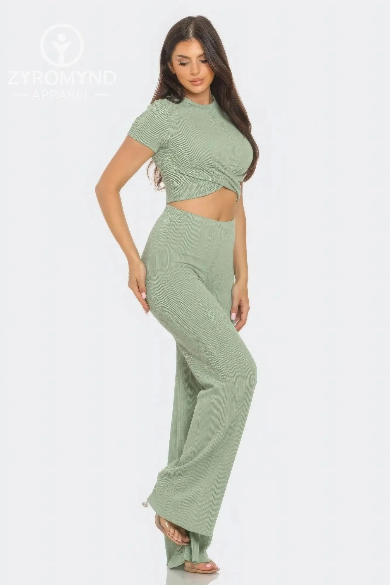 Front Twist Detail Top And Flare Pants Set