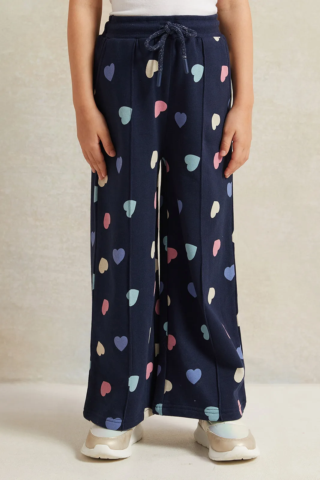 Girls Navy Heart Print Wide Leg Active Pants