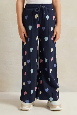 Girls Navy Heart Print Wide Leg Active Pants