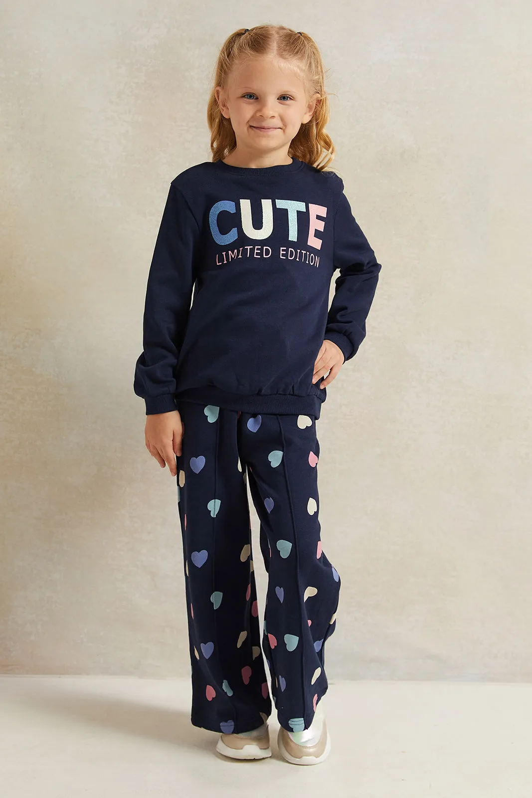 Girls Navy Heart Print Wide Leg Active Pants