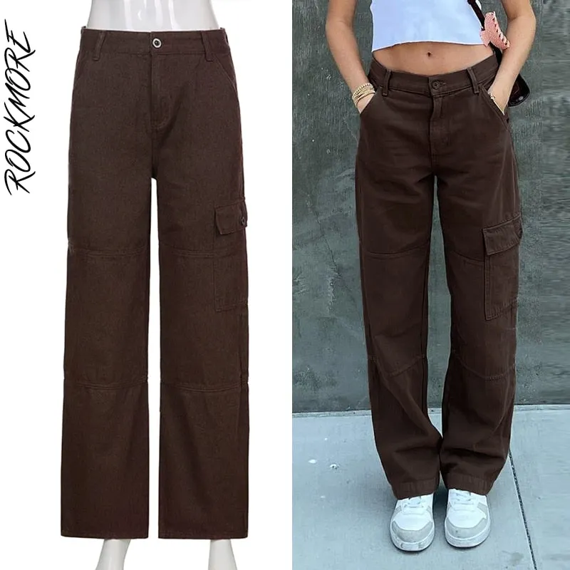 Graduation Gifts Brown Vintage Baggy Jeans Women 90s Streetwear Pockets Wide Leg Cargo Pants Low Waist Straight Denim Trousers 2021