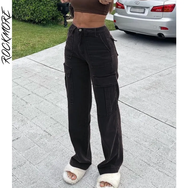 Graduation Gifts Brown Vintage Baggy Jeans Women 90s Streetwear Pockets Wide Leg Cargo Pants Low Waist Straight Denim Trousers 2021