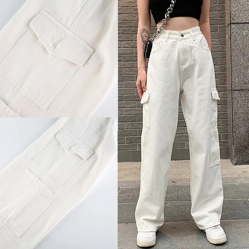 Graduation Gifts Brown Vintage Baggy Jeans Women 90s Streetwear Pockets Wide Leg Cargo Pants Low Waist Straight Denim Trousers 2021