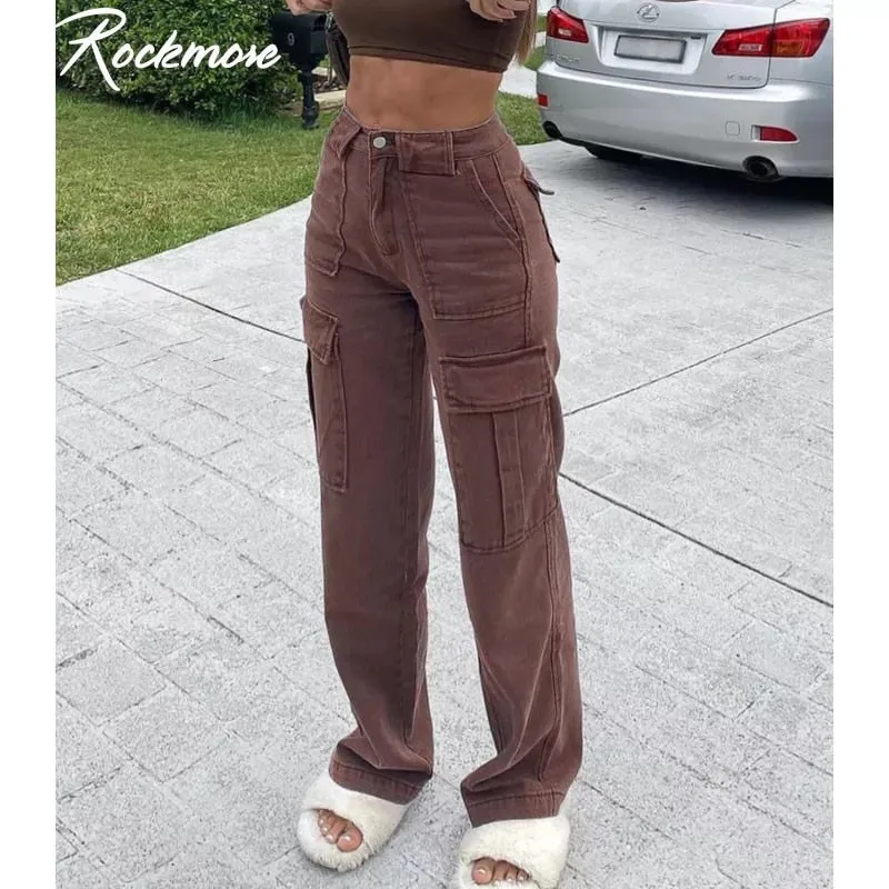 Graduation Gifts Brown Vintage Baggy Jeans Women 90s Streetwear Pockets Wide Leg Cargo Pants Low Waist Straight Denim Trousers 2021