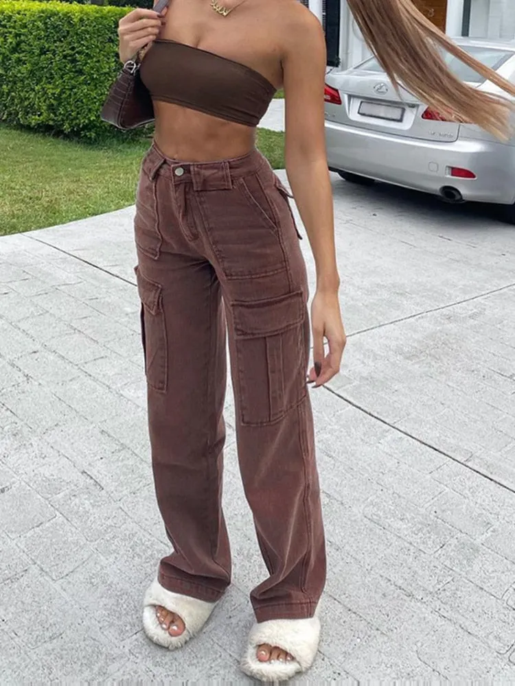 Graduation Gifts Brown Vintage Baggy Jeans Women 90s Streetwear Pockets Wide Leg Cargo Pants Low Waist Straight Denim Trousers 2021