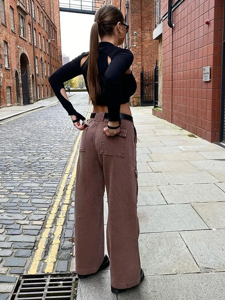 Graduation Gifts Brown Vintage Baggy Jeans Women 90s Streetwear Pockets Wide Leg Cargo Pants Low Waist Straight Denim Trousers 2021