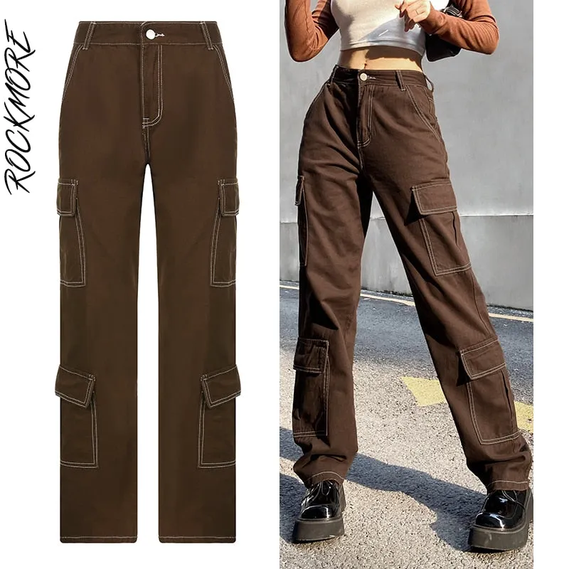 Graduation Gifts Brown Vintage Baggy Jeans Women 90s Streetwear Pockets Wide Leg Cargo Pants Low Waist Straight Denim Trousers 2021