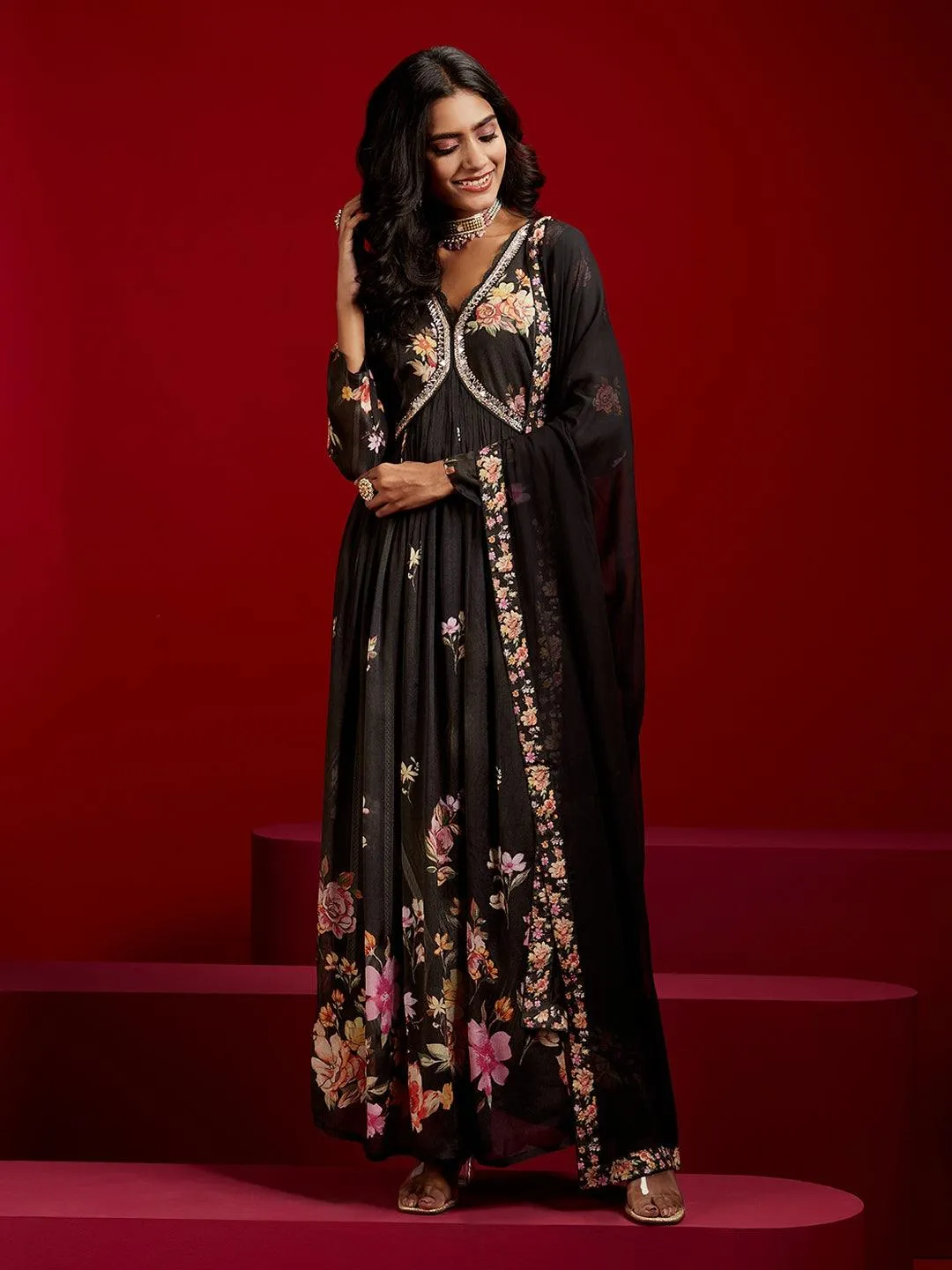 Jashvi Art Black Printed Silk Anarkali Suit With Dupatta