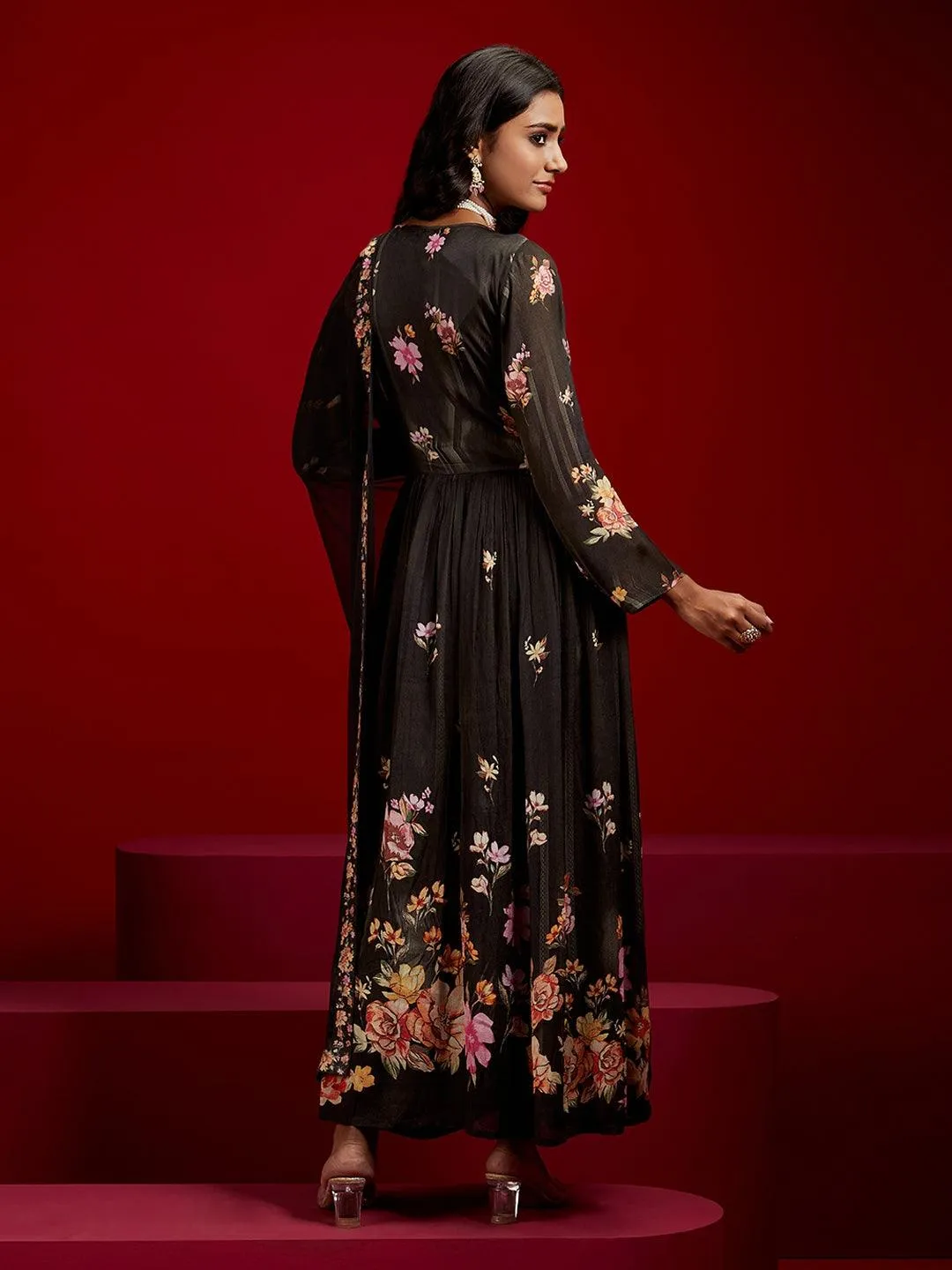 Jashvi Art Black Printed Silk Anarkali Suit With Dupatta