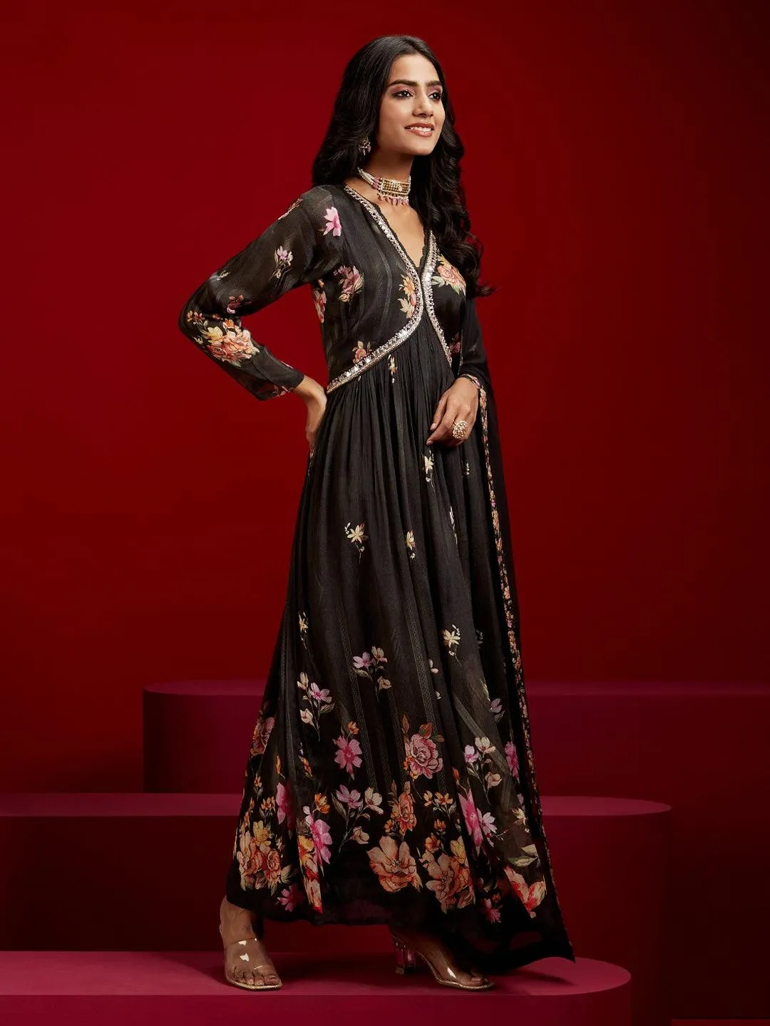 Jashvi Art Black Printed Silk Anarkali Suit With Dupatta