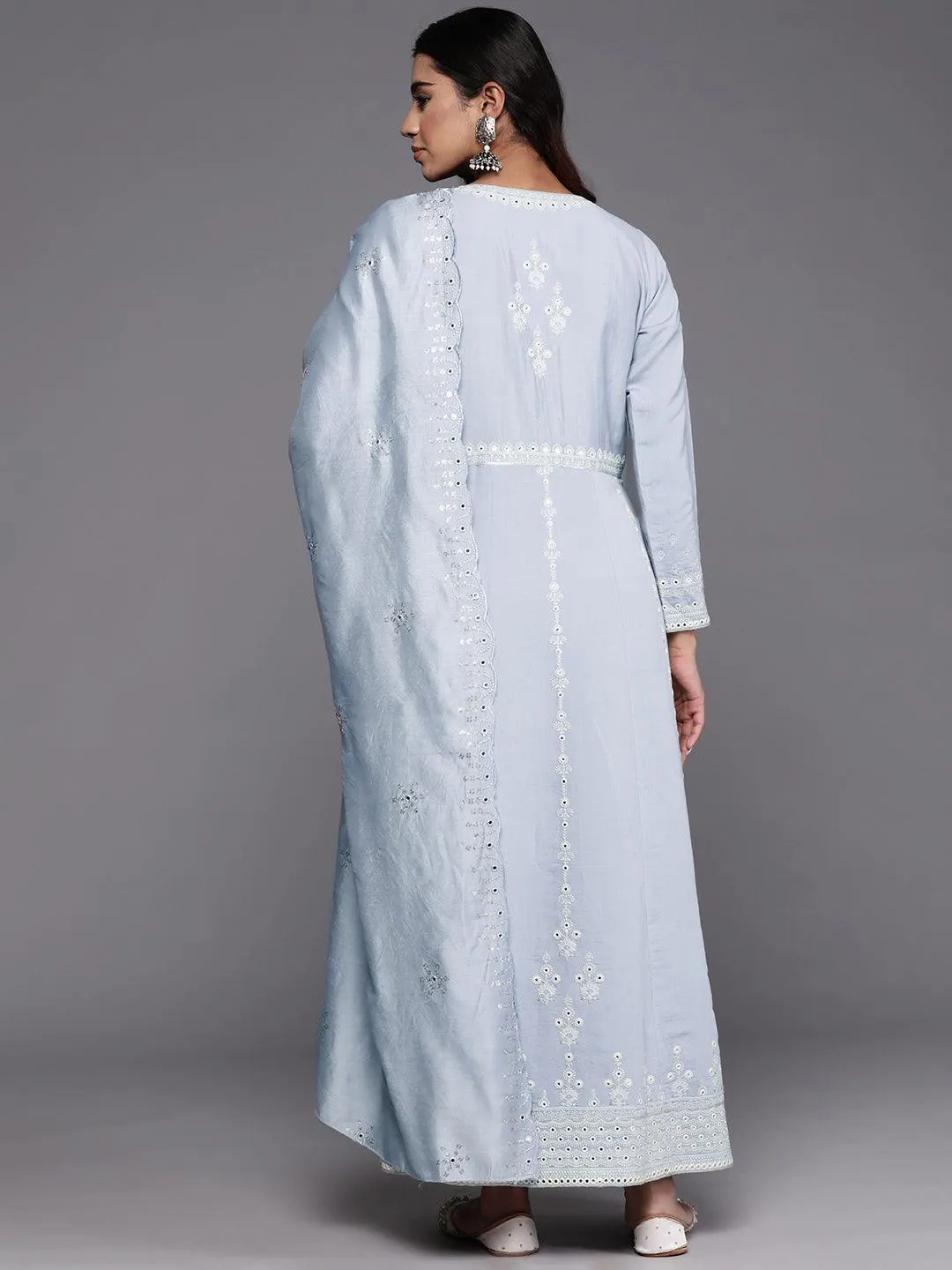 Jashvi Art Powder Blue Embroidered Silk Blend A-Line Kurta With Trousers & Dupatta