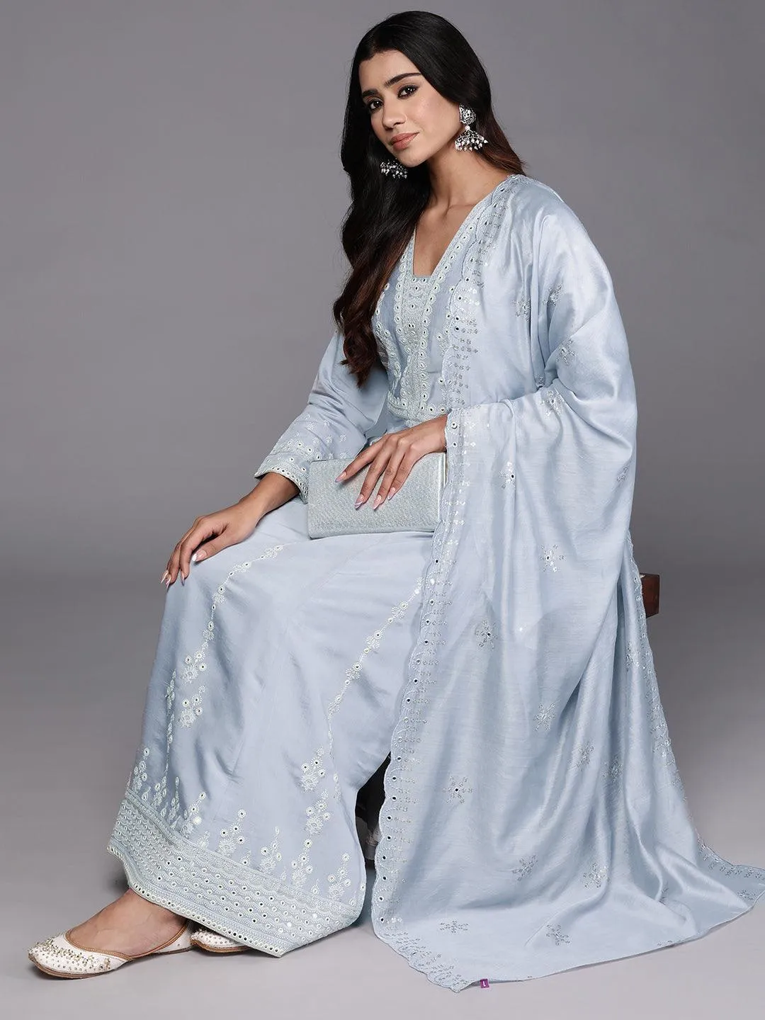 Jashvi Art Powder Blue Embroidered Silk Blend A-Line Kurta With Trousers & Dupatta