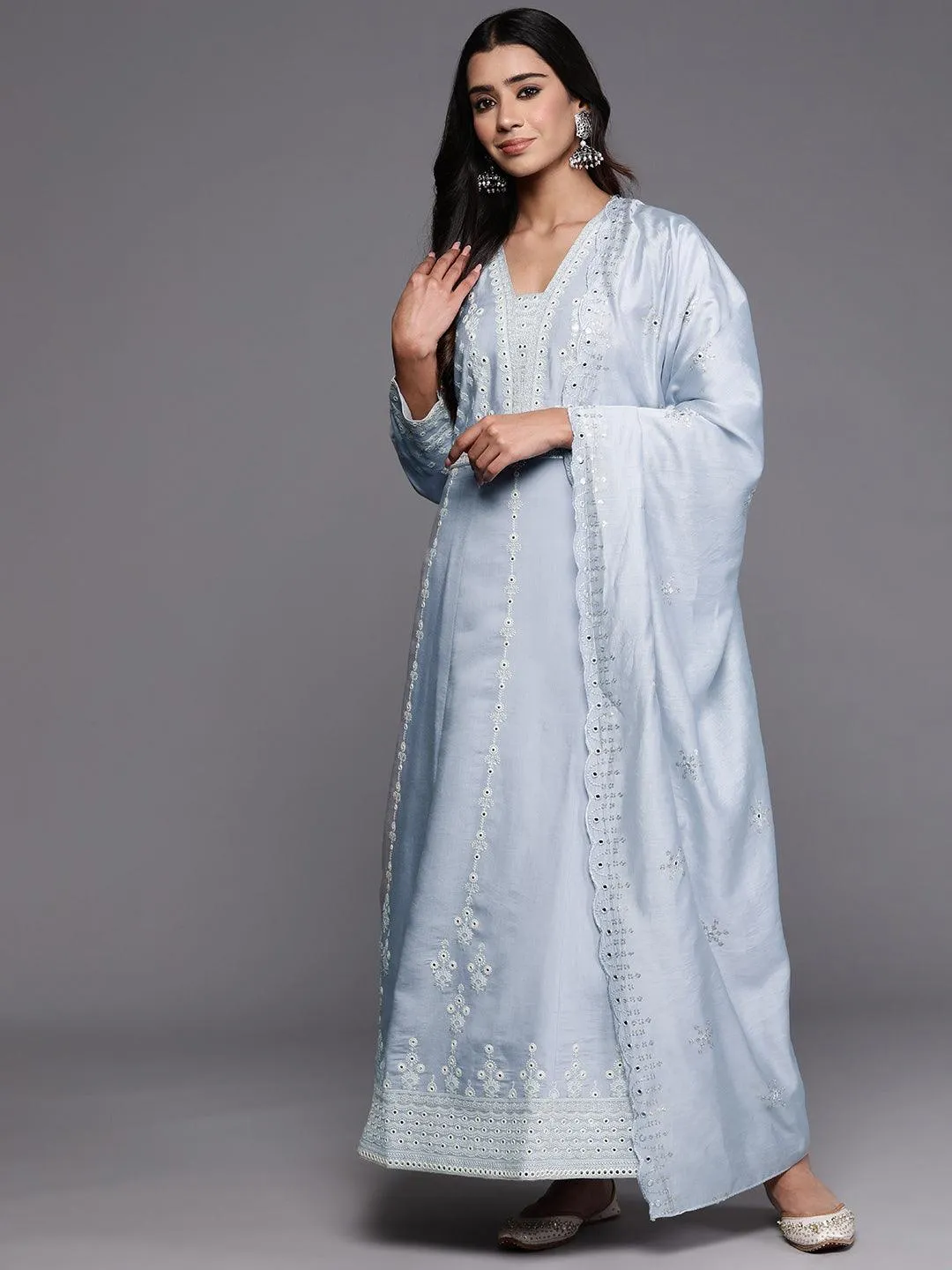 Jashvi Art Powder Blue Embroidered Silk Blend A-Line Kurta With Trousers & Dupatta