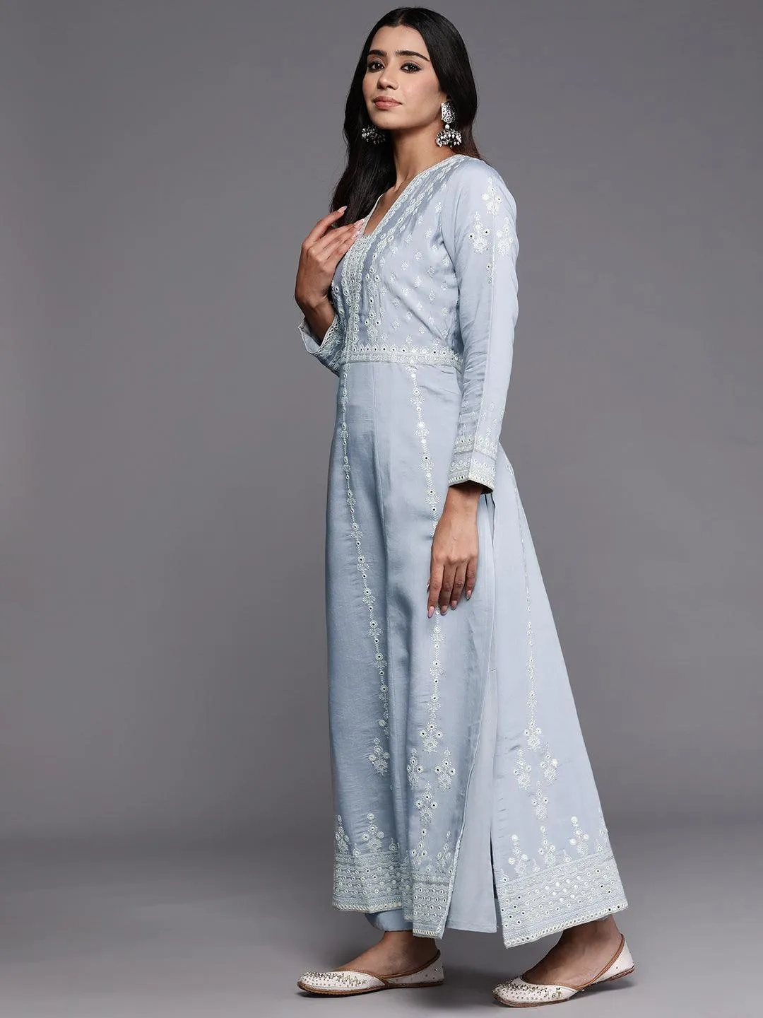 Jashvi Art Powder Blue Embroidered Silk Blend A-Line Kurta With Trousers & Dupatta