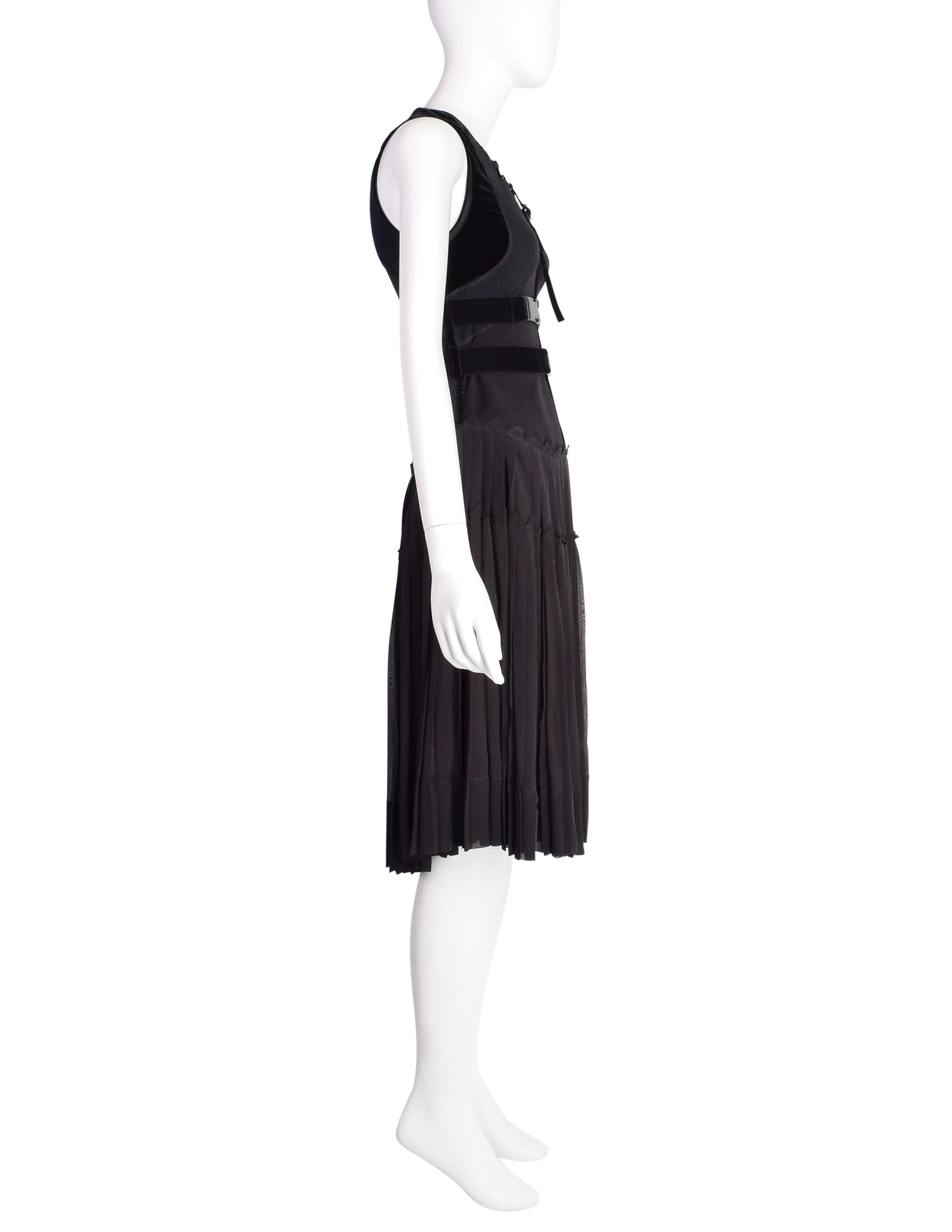 Jean Paul Gaultier Vintage Black Tech Neoprene Velvet Silk Belted Dress