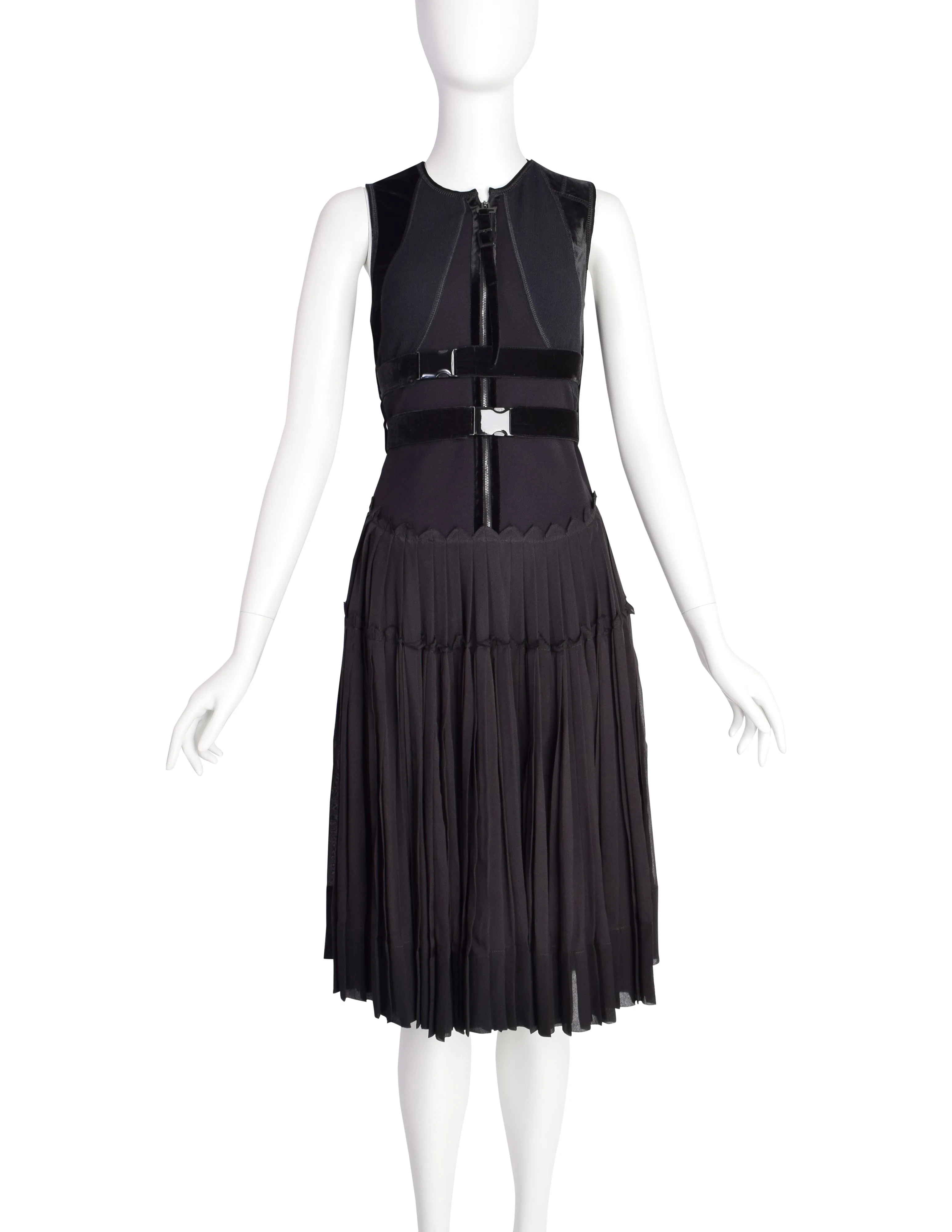 Jean Paul Gaultier Vintage Black Tech Neoprene Velvet Silk Belted Dress