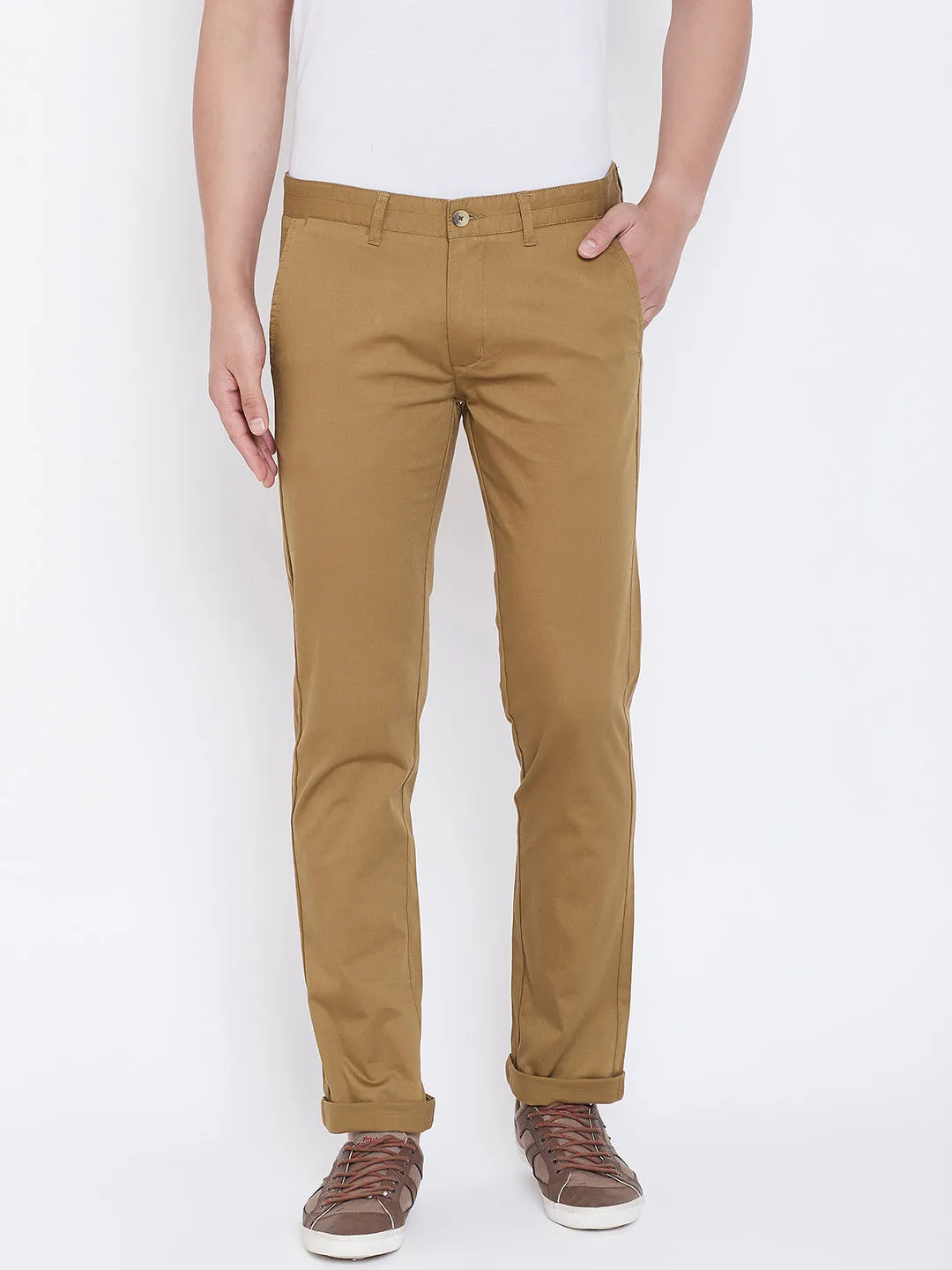 JUMP USA Men Khaki Regular Fit Solid Trousers