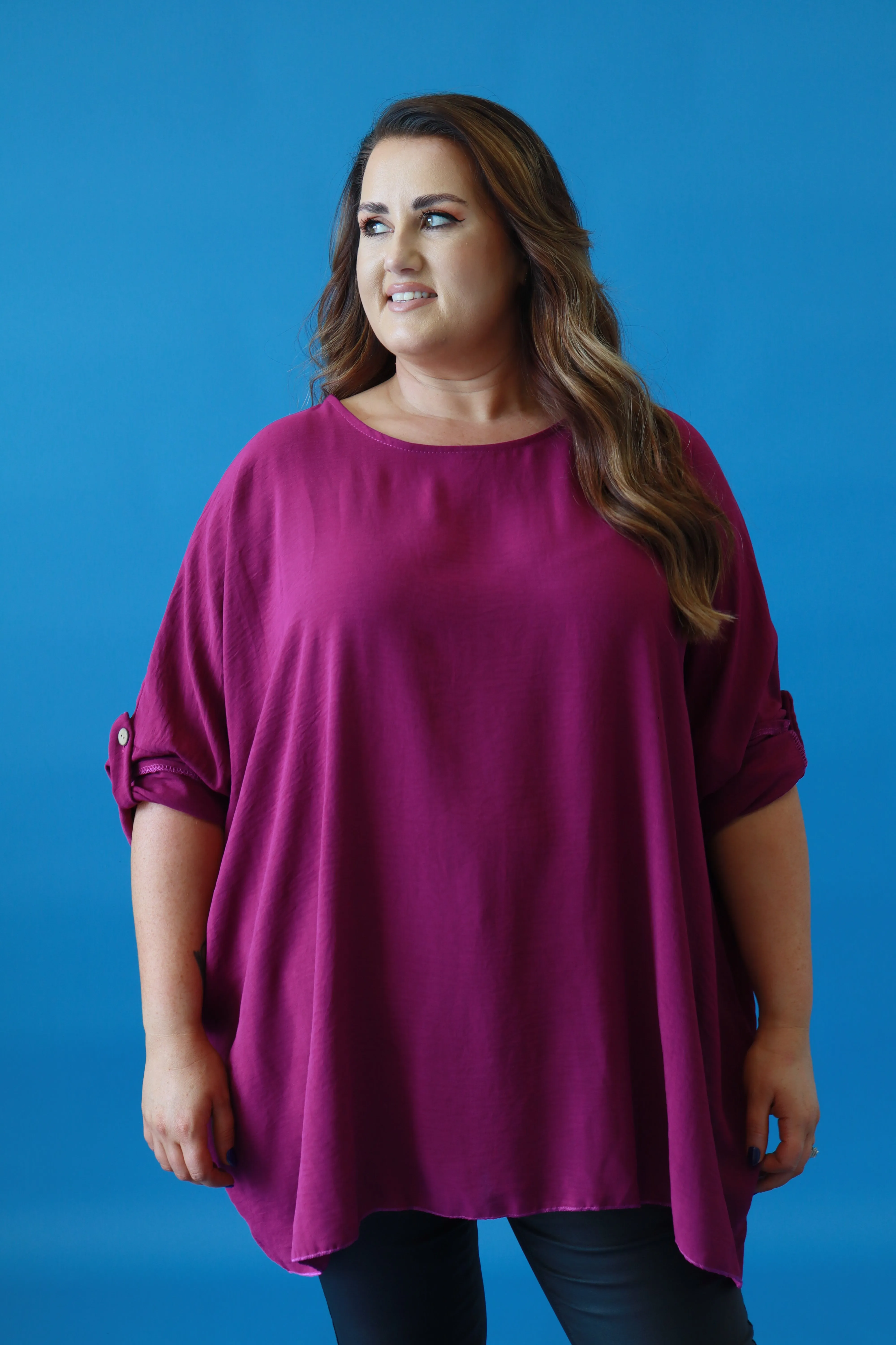 Kayla Blouse with Turn Up Sleeve in Magenta